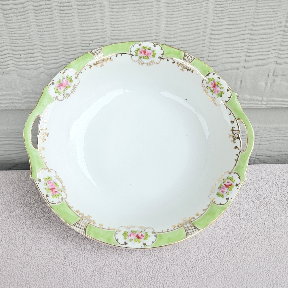 Nippon Rising Sun Serving Vegetable Bowl Green Pink Roses Gold Trim Handpainted